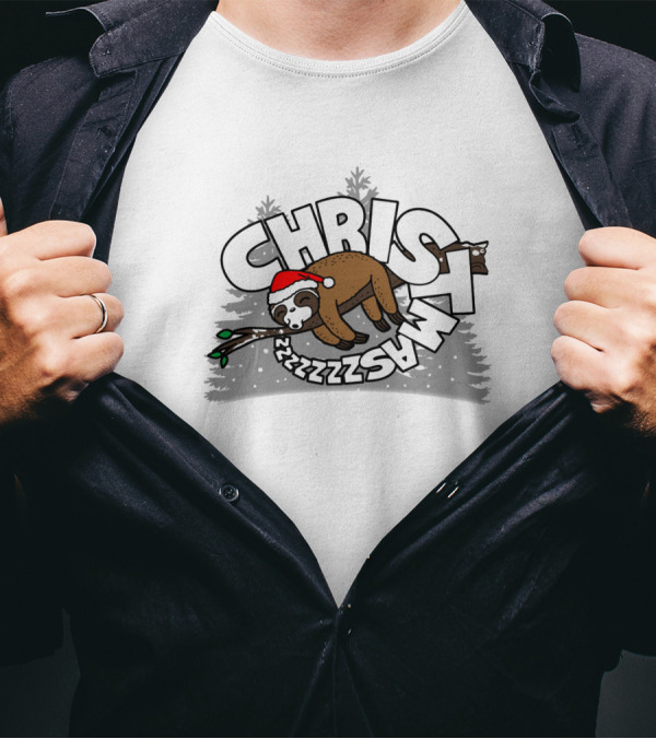 Sloth Sleeping Through Christmas With Santa Hat In Winter Wonderland Zzzz T-Shirt