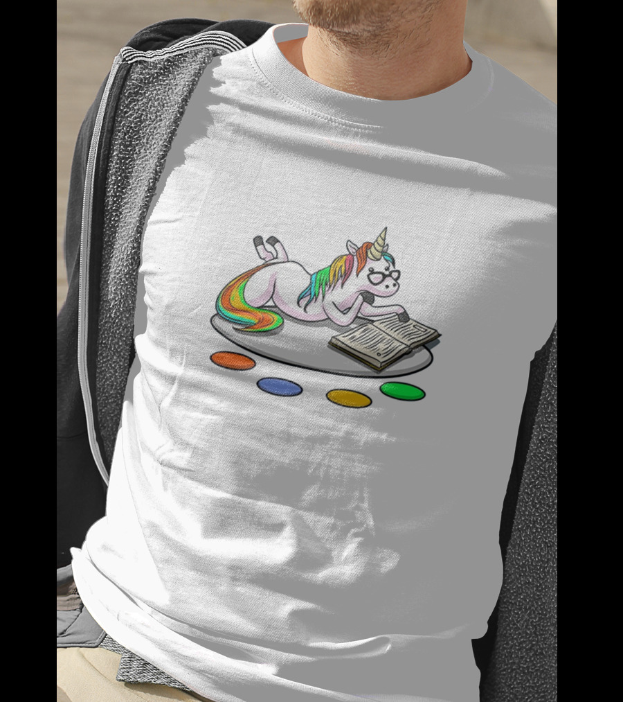 Unicorn Reading Book With Rainbow Mane And Glasses Surrounded By Colorful Dots T-Shirt