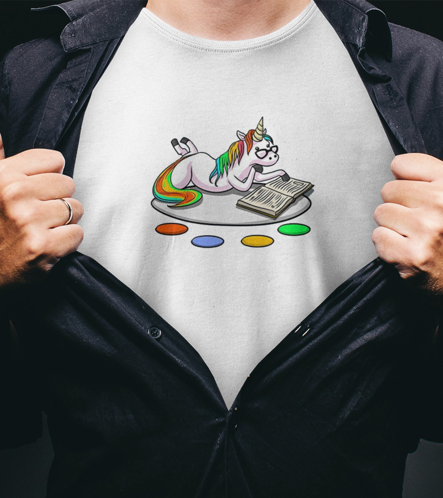 Unicorn Reading Book With Rainbow Mane And Glasses Surrounded By Colorful Dots T-Shirt