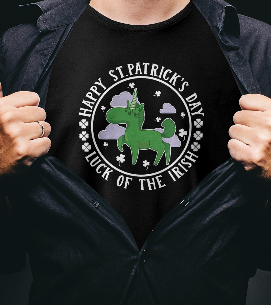 Happy St. Patrick's Day Luck Of The Irish Green Unicorn Clover Clouds T-Shirt