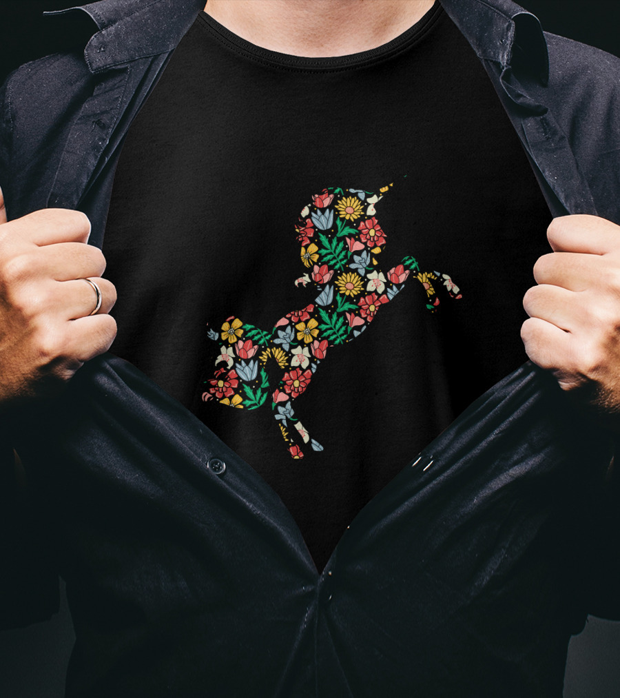 Unicorn Flower Silhouette With Vibrant Floral T-Shirt