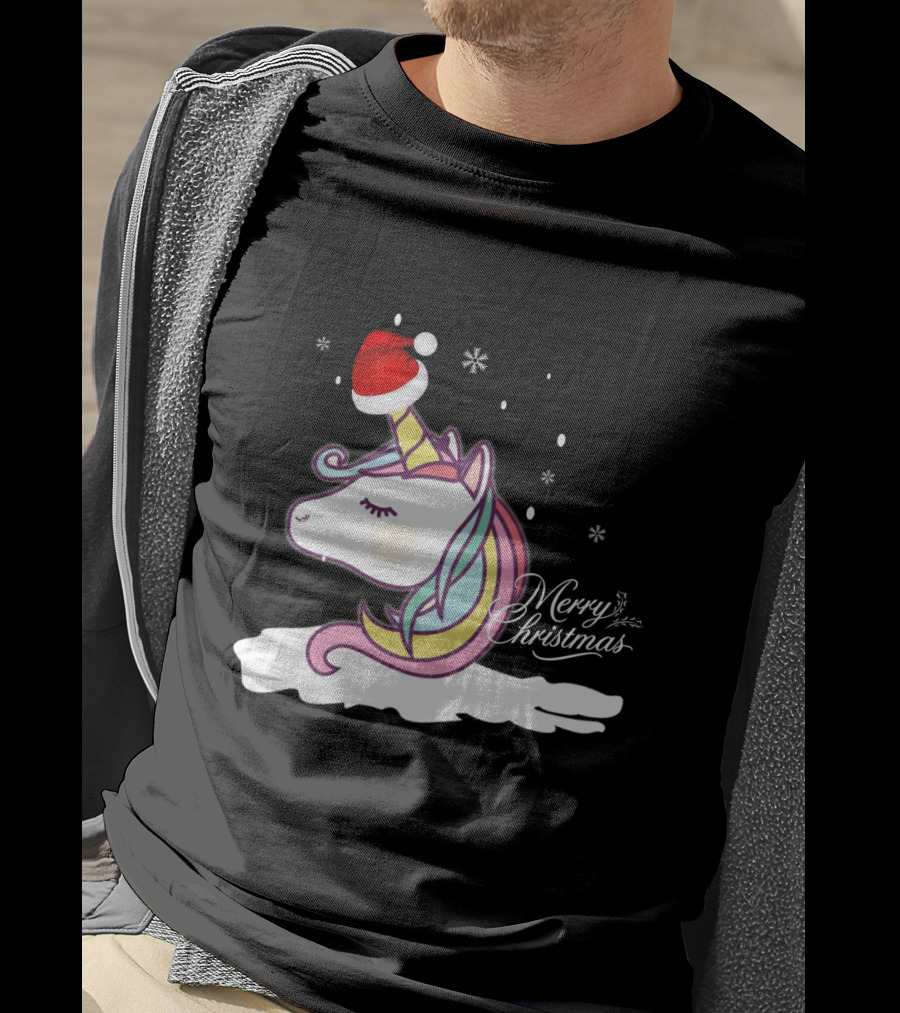 Unicorn Merry Christmas Snowflakes Santa Hat T-Shirt