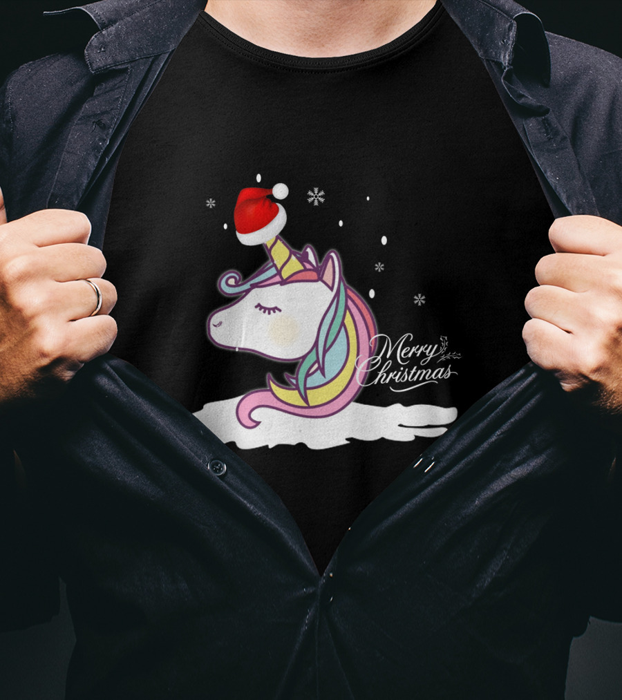 Unicorn Merry Christmas Snowflakes Santa Hat T-Shirt