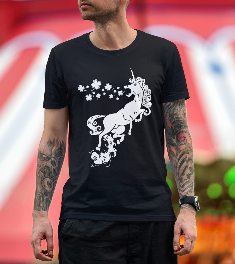 Unicorn Blowing Shamrock Flowers Mystical T-Shirt