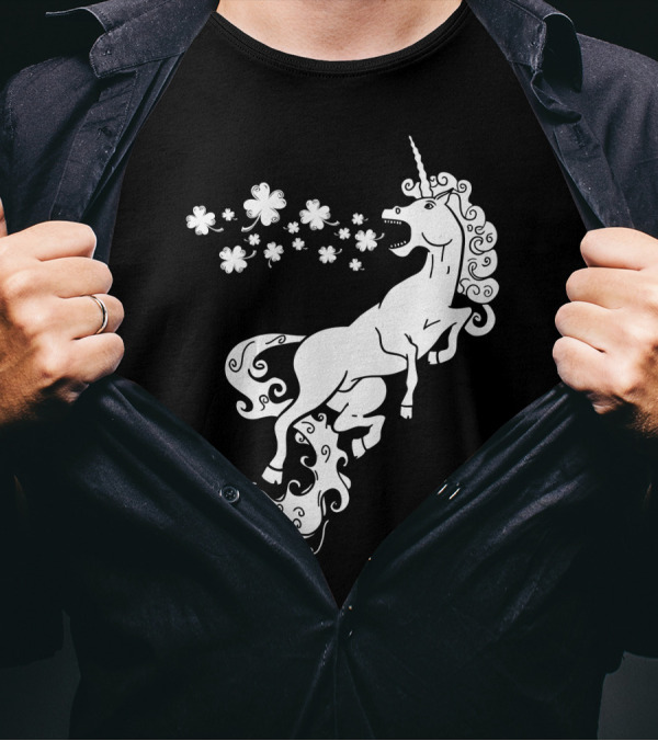 Unicorn Blowing Shamrock Flowers Mystical T-Shirt
