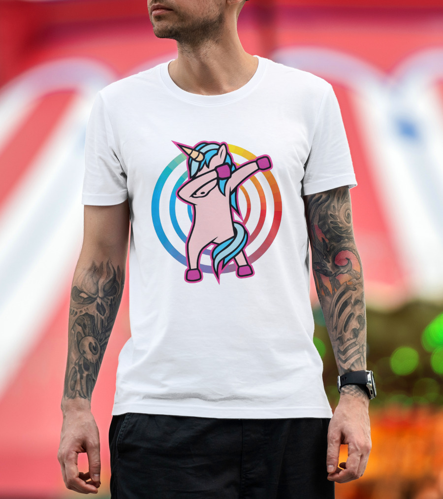 Rainbow Dabbing Unicorn with Colorful Spiral Background T-Shirt