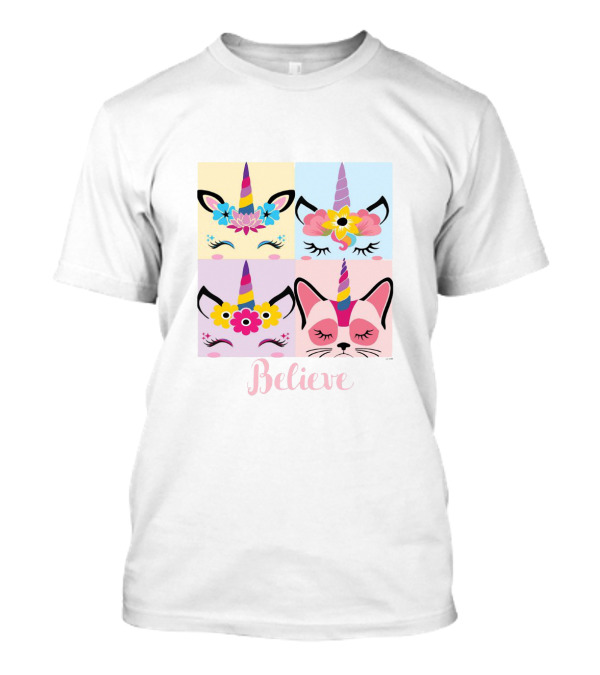 Believe With Colorful Unicorn Faces And Floral T-Shirt