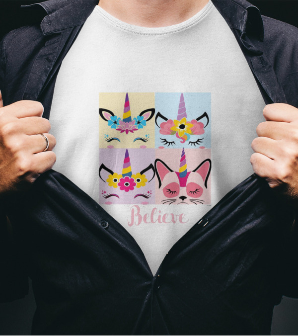 Believe With Colorful Unicorn Faces And Floral T-Shirt