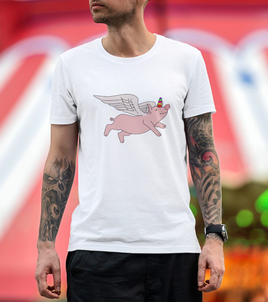 Flying Pig with Rainbow Unicorn Horn and Angel Wings T-Shirt