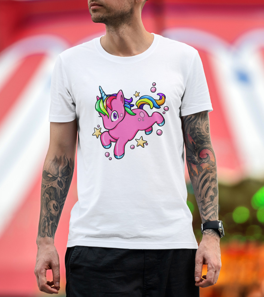 Playful Pink Unicorn with Rainbow Mane and Colorful Stars T-Shirt