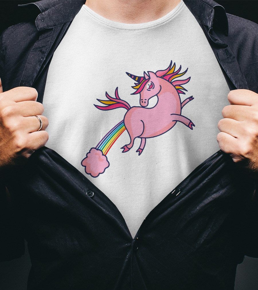 Magical Unicorn With Rainbow Tail And Puffy Clouds T-Shirt