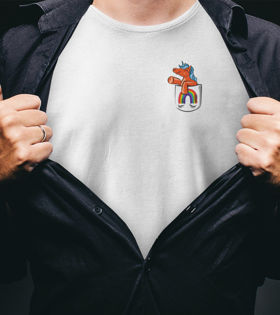 Orange Unicorn With Rainbow Pocket Swirl T-Shirt