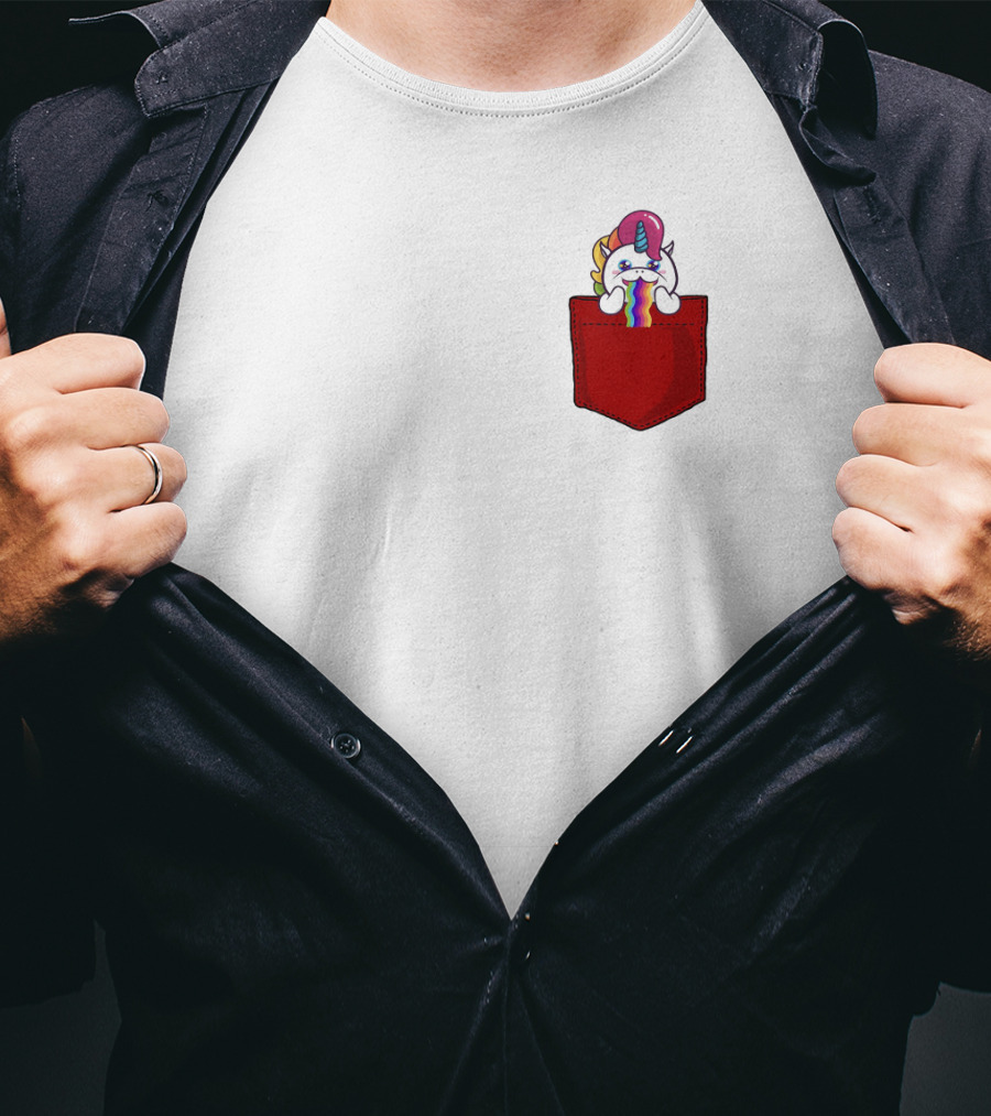Crying Rainbow Unicorn In Red Pocket T-Shirt