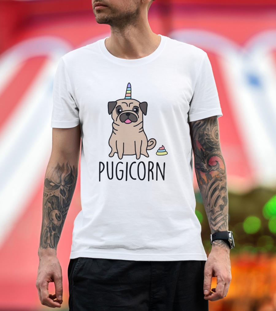 Pugicorn Rainbow Unicorn Horn Pug With Colorful Poop T-Shirt