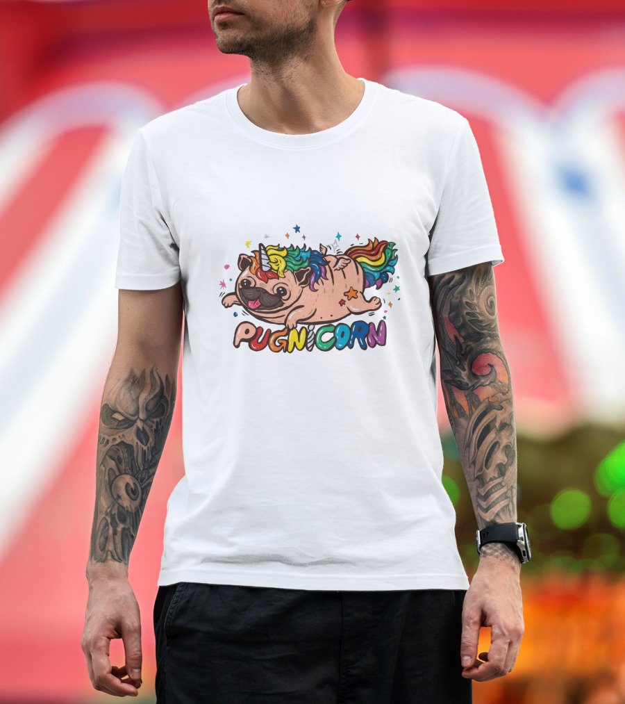 Pugnicorn Rainbow Unicorn Pug with Colorful Star Accents T-Shirt