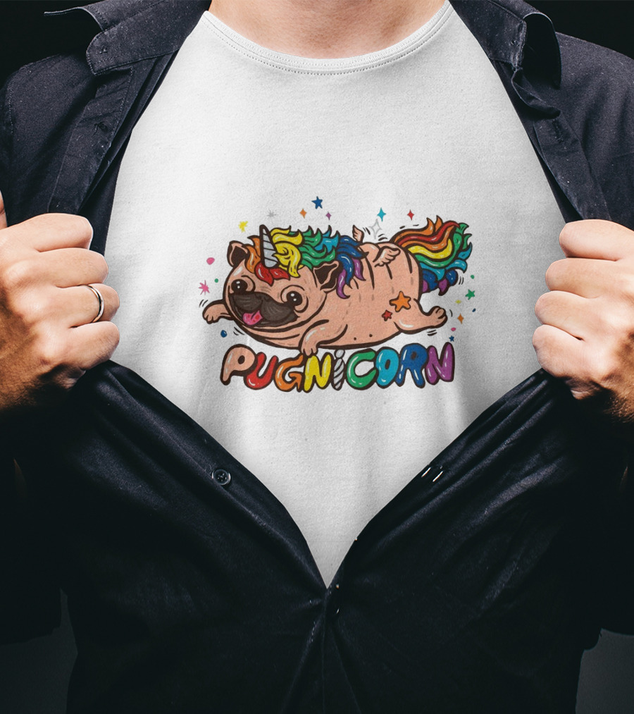 Pugnicorn Rainbow Unicorn Pug With Colorful Star Accents T-Shirt