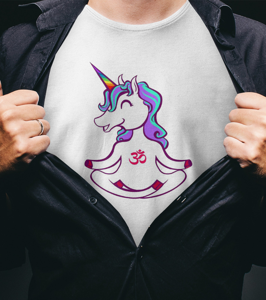 Colorful Yoga Unicorn With Om Symbol In Peaceful Pose T-Shirt