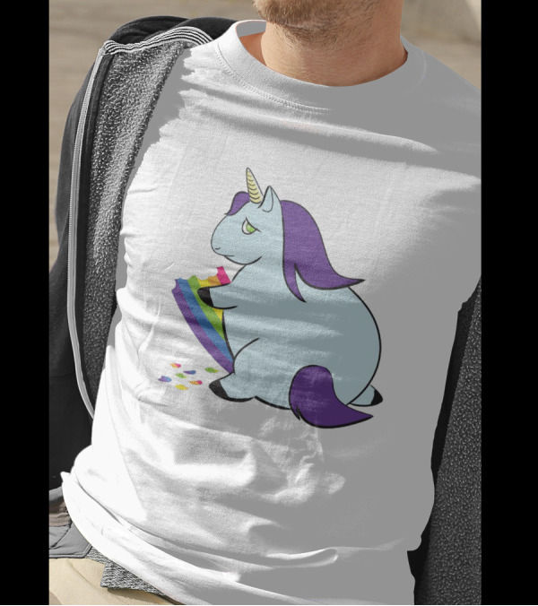 Chubby Unicorn Eating Colorful Rainbow With Purple Mane And Tail T-Shirt