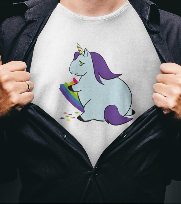 Chubby Unicorn Eating Colorful Rainbow With Purple Mane And Tail T-Shirt