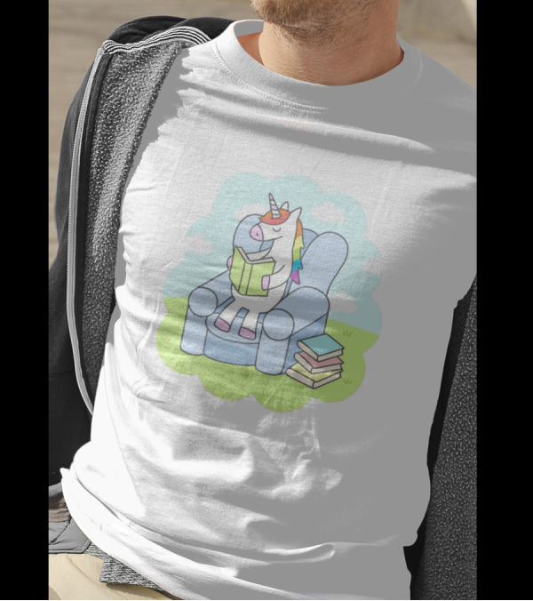 Unicorn Reader Relaxing In Armchair With Stack Of Books T-Shirt