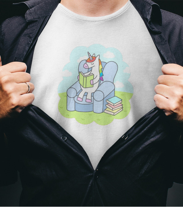 Unicorn Reader Relaxing In Armchair With Stack Of Books T-Shirt