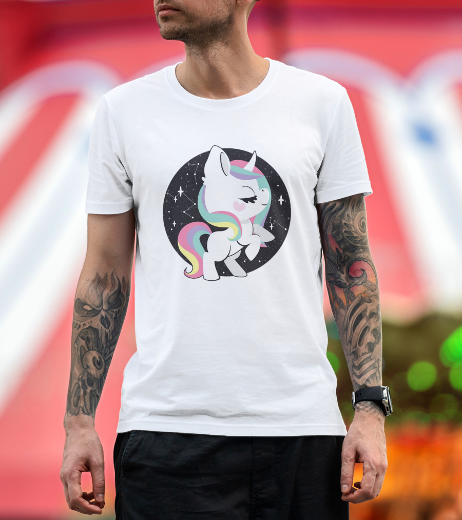Playful Pastel Unicorn with Cosmic Starry Background T-Shirt