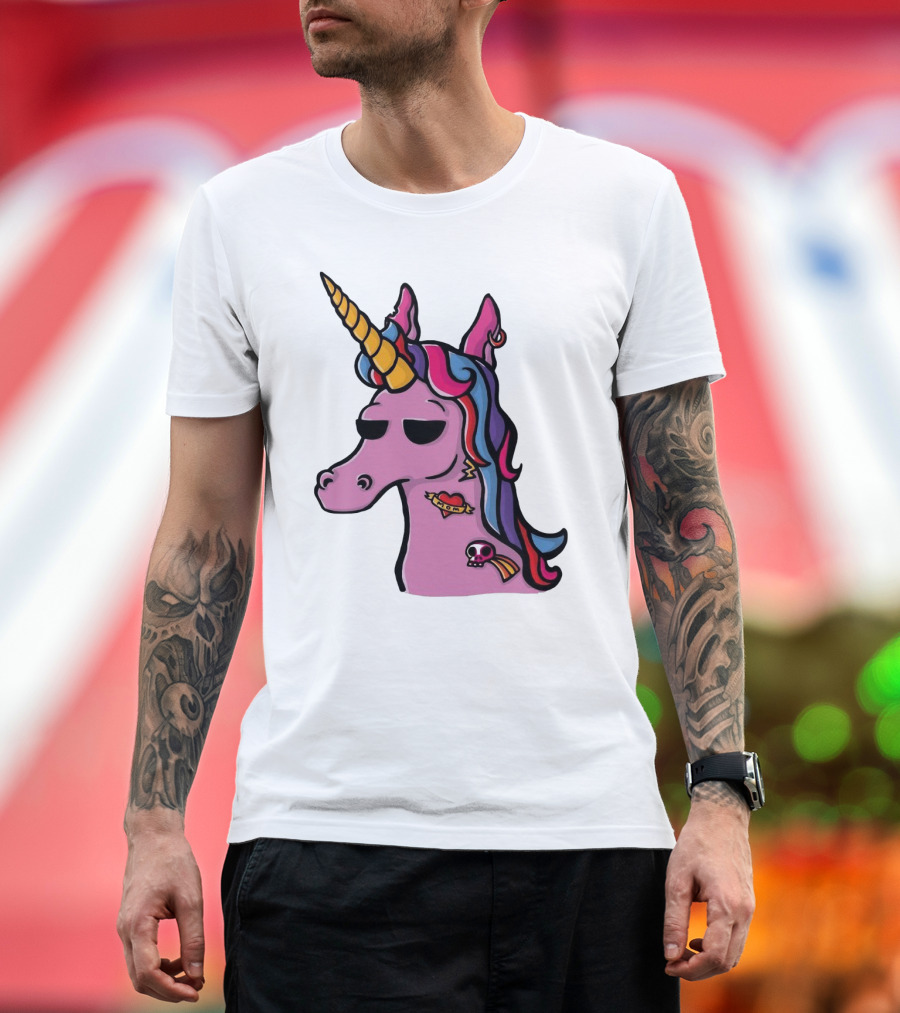 Badass Unicorn with Tattoo and Sunglasses Featuring Vibrant Colors and Skull Heart Tattoo T-Shirt