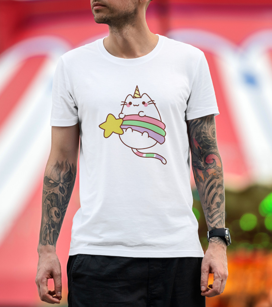 Caticorn with Rainbow Stripes Hugging Yellow Star T-Shirt
