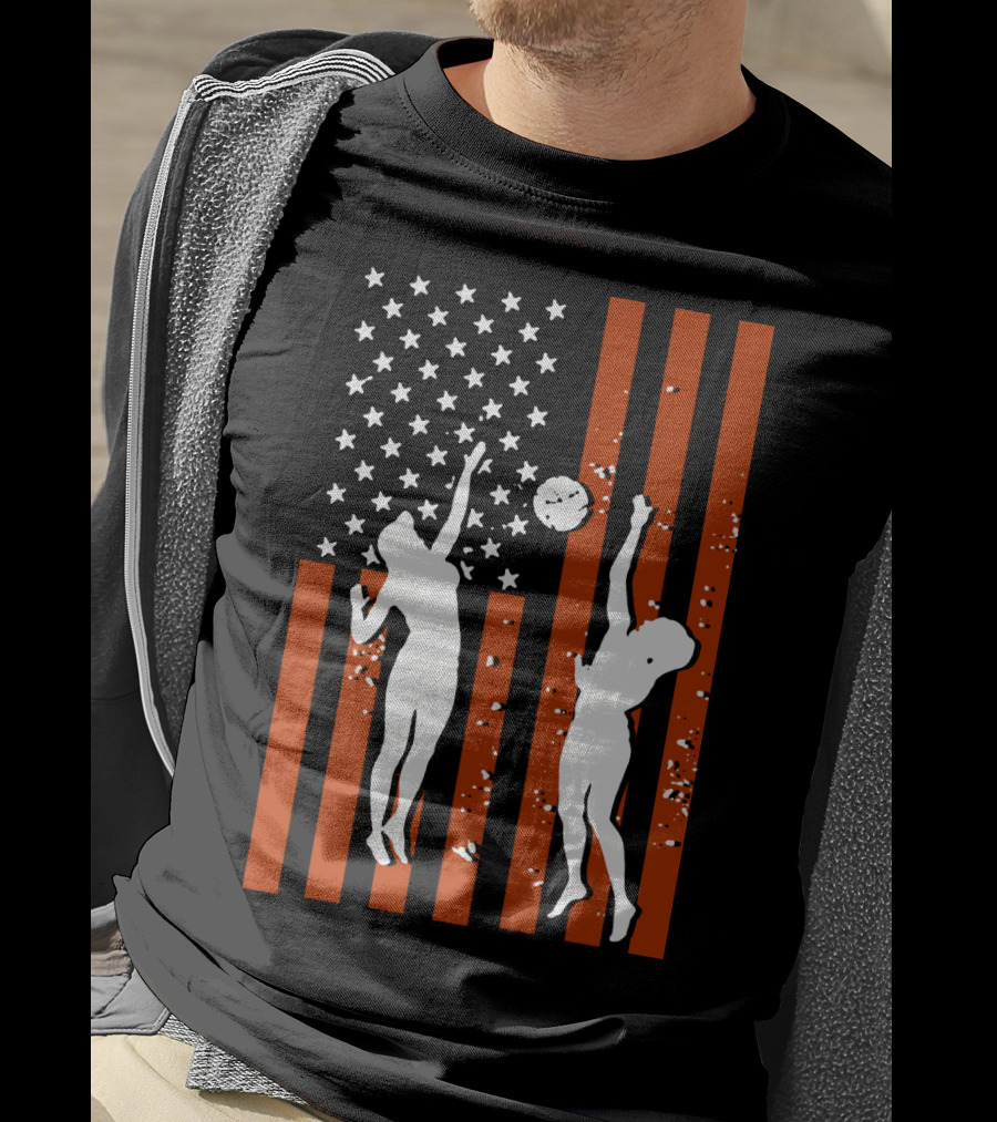 Volleyball Silhouettes Against American Flag Patriotic Sports Scene T-Shirt