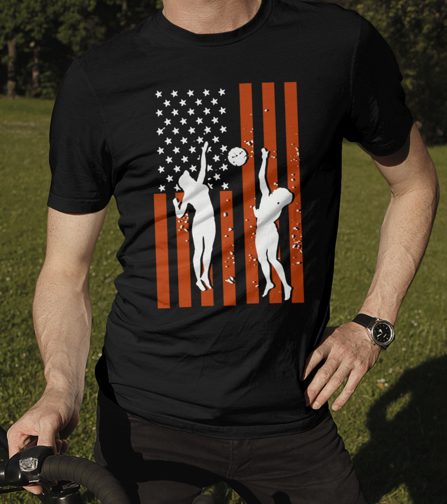 Volleyball Silhouettes Against American Flag Patriotic Sports Scene T-Shirt