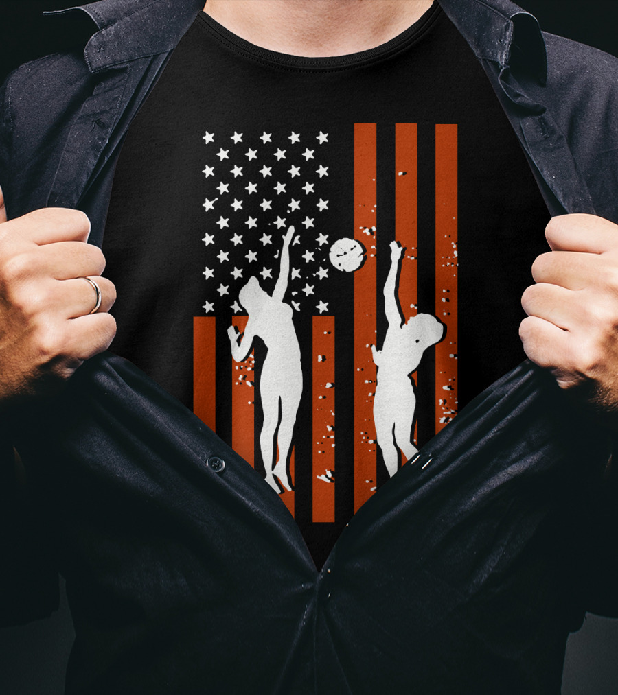 Volleyball Silhouettes Against American Flag Patriotic Sports Scene T-Shirt
