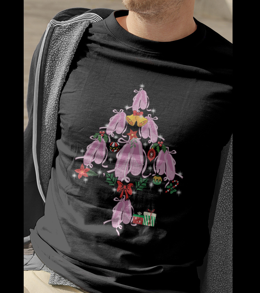 Pointe Shoes Shaped As Christmas Tree With Bells, Ornaments, And Gifts T-Shirt