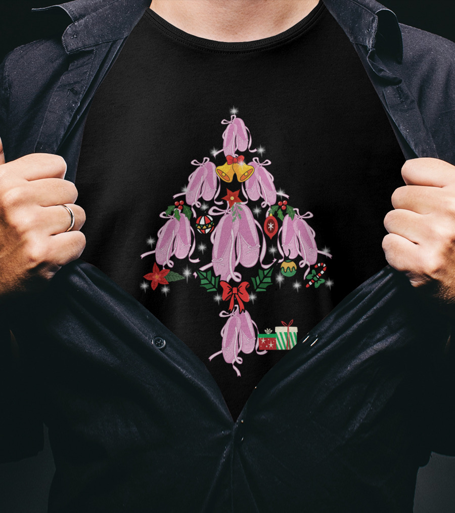 Pointe Shoes Shaped As Christmas Tree With Bells, Ornaments, And Gifts T-Shirt