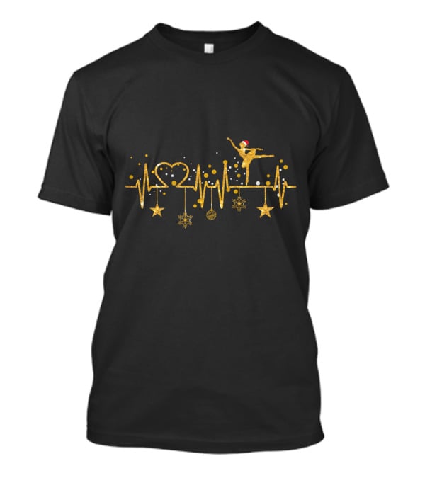 Ballet Dancer Heartbeat Golden Christmas Theme With Stars And Santa Hat Elements T-Shirt