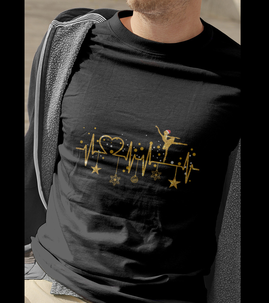 Ballet Dancer Heartbeat Golden Christmas Theme With Stars And Santa Hat Elements T-Shirt