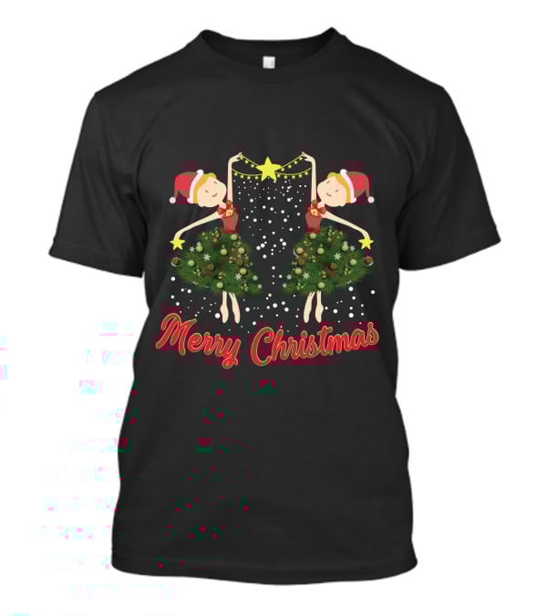 Merry Christmas Ballet Dancers With Festive Santa Hats And Holiday Tree Dresses T-Shirt