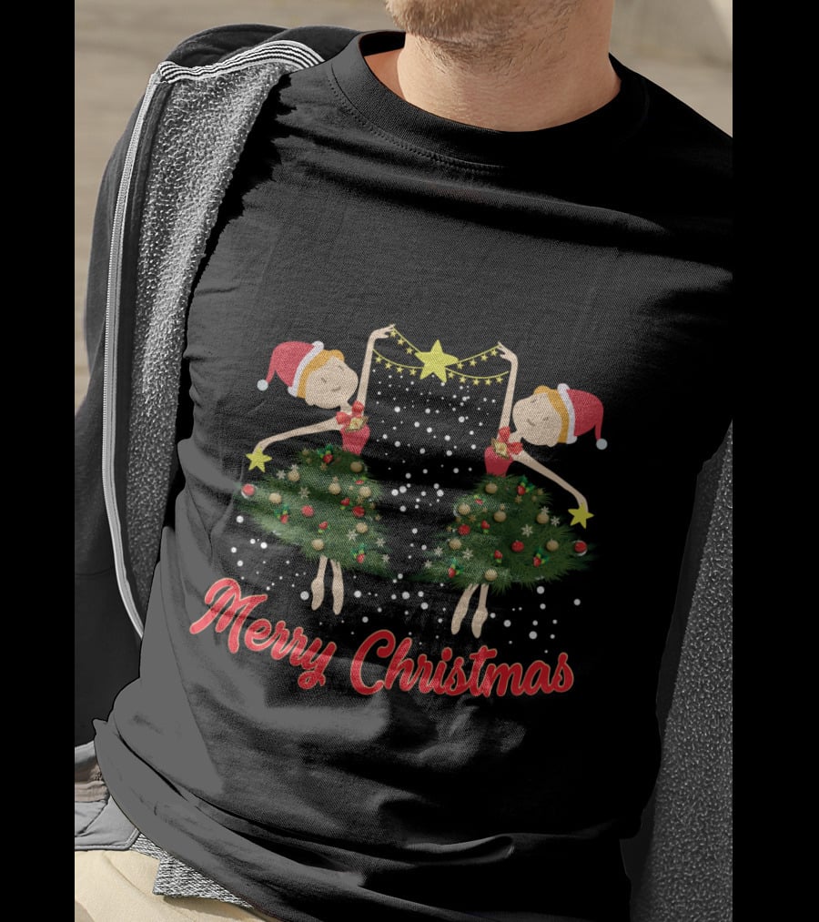 Merry Christmas Ballet Dancers With Festive Santa Hats And Holiday Tree Dresses T-Shirt