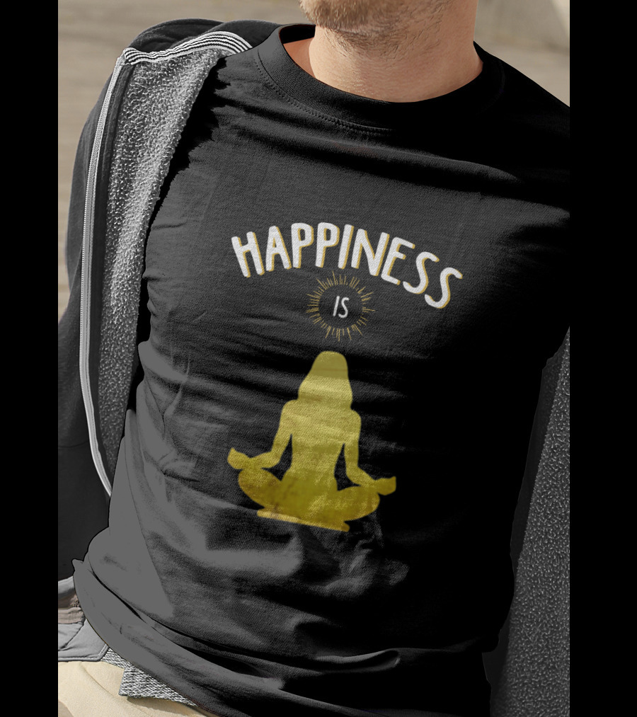 Happiness Is Yoga Meditation Silhouette In Yellow With Sunburst T-Shirt