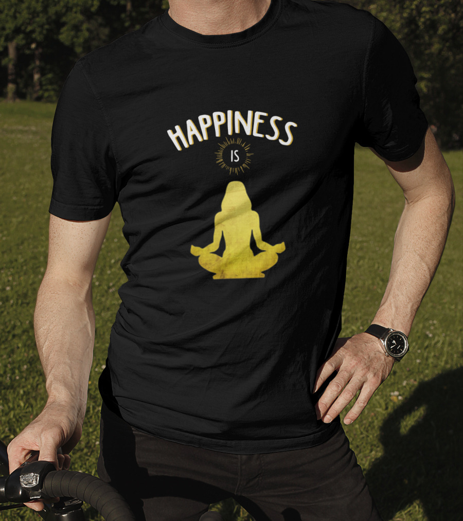 Happiness Is Yoga Meditation Silhouette In Yellow With Sunburst T-Shirt