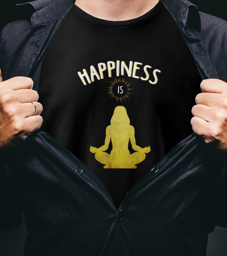 Happiness Is Yoga Meditation Silhouette In Yellow With Sunburst T-Shirt