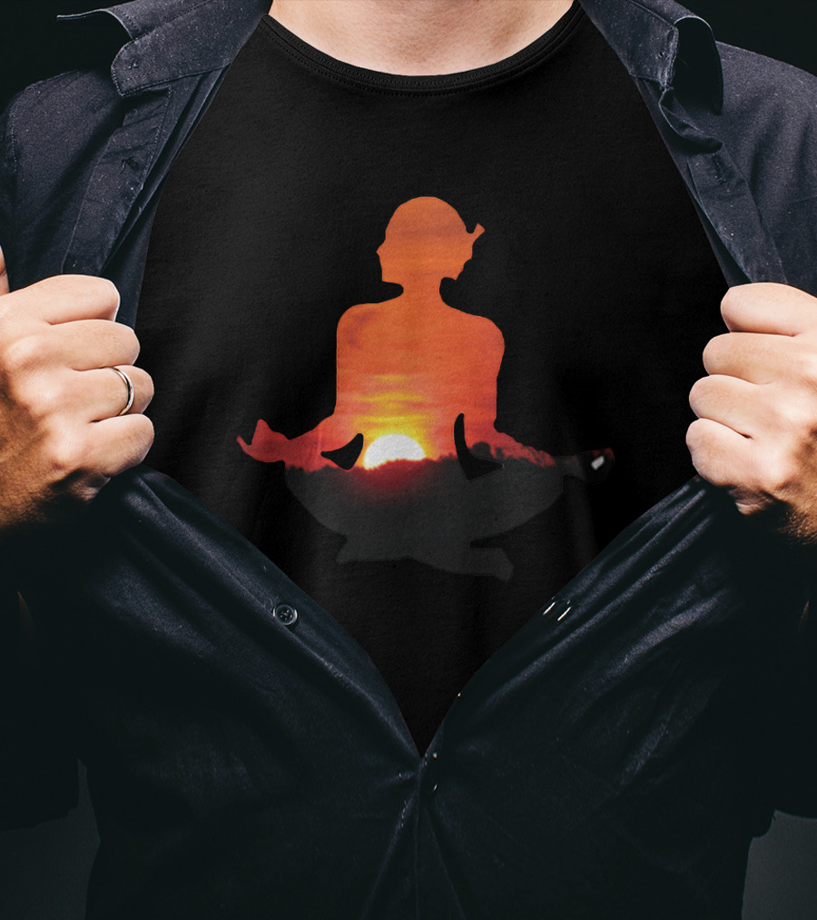 Yoga Meditation Silhouette Over Vibrant Sunset Horizon T-Shirt
