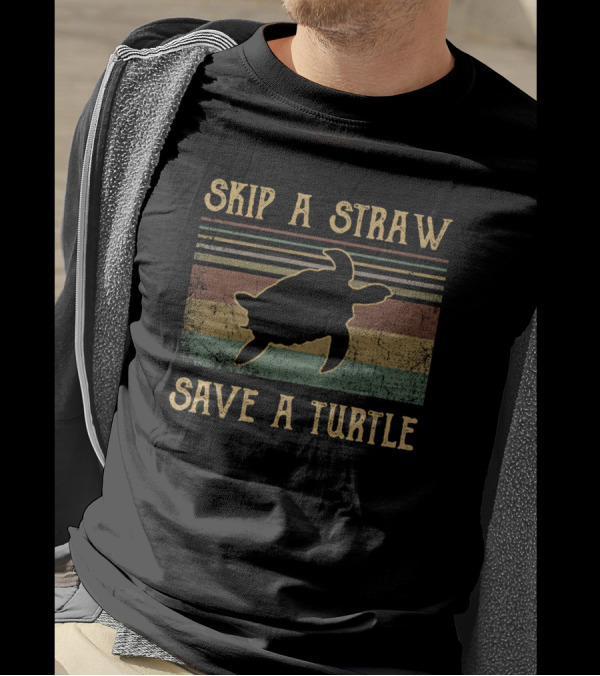Skip A Straw Save A Turtle Retro Vintage Silhouette Conservation Message T-Shirt
