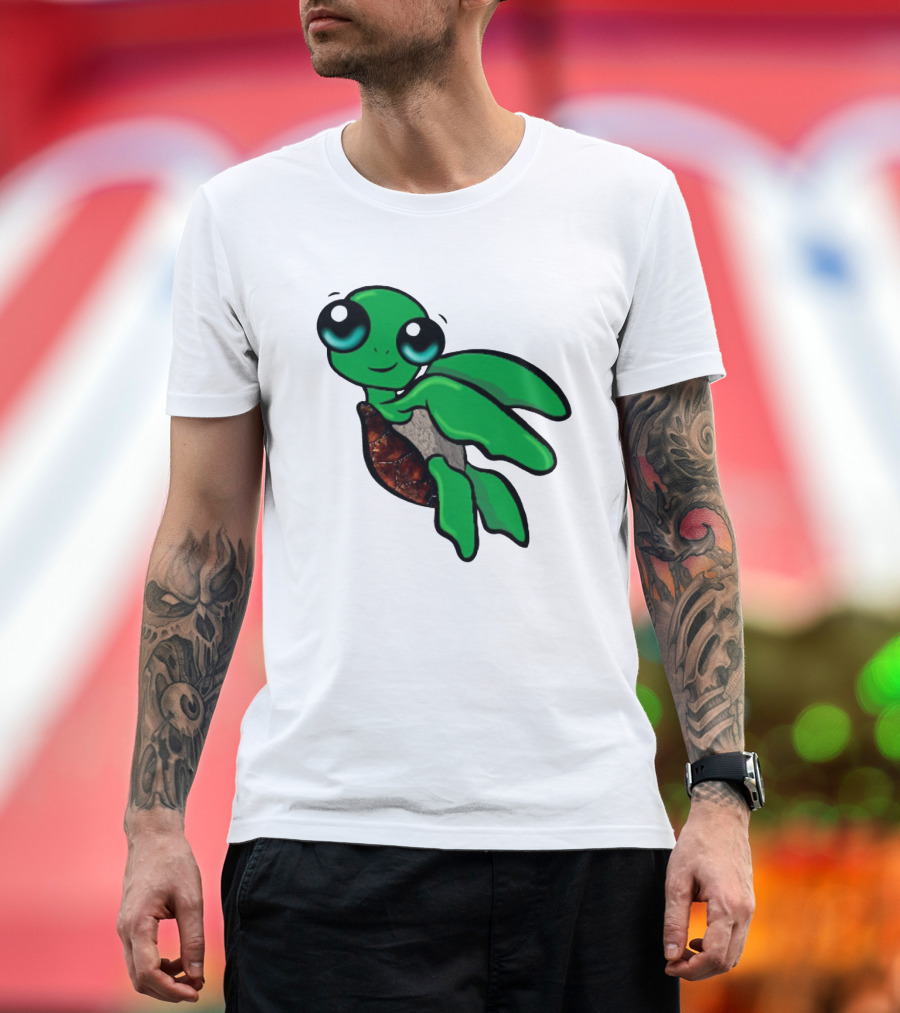 Funky Turtle Cute Green Cartoon Character with Big Eyes T-Shirt