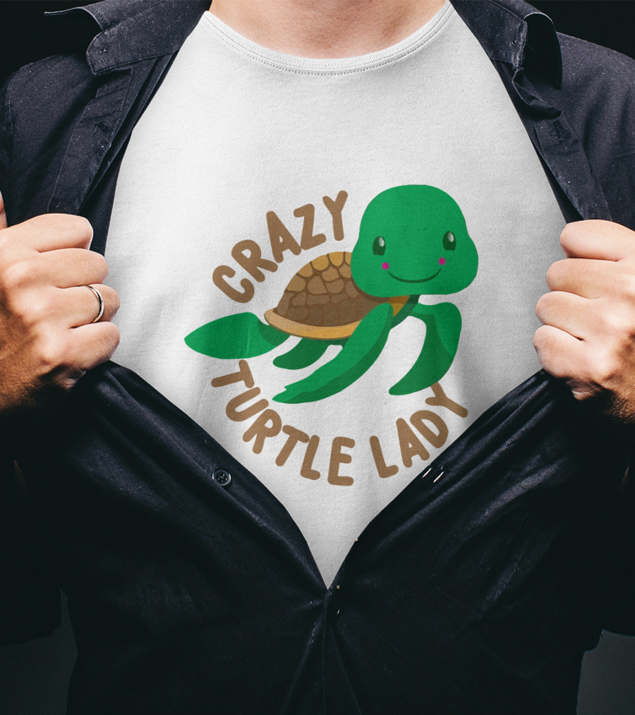 Crazy Turtle Lady Cute Green Cartoon Style Turtle With Happy Face T-Shirt