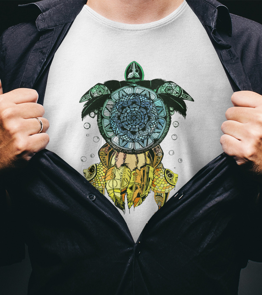 Dreamcatcher Flower Of Life Turtle With Intricate Mandala Feather And Geometric T-Shirt
