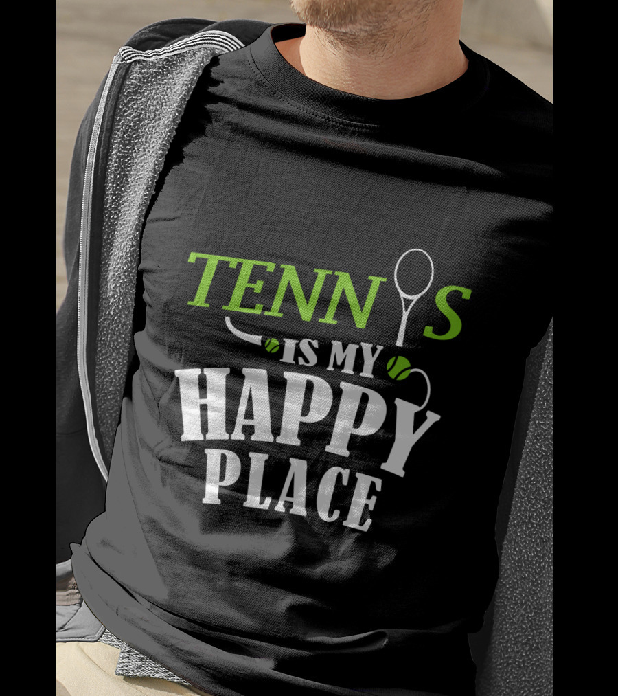 Tennis Is My Happy Place With Racket And Ball Motif T-Shirt