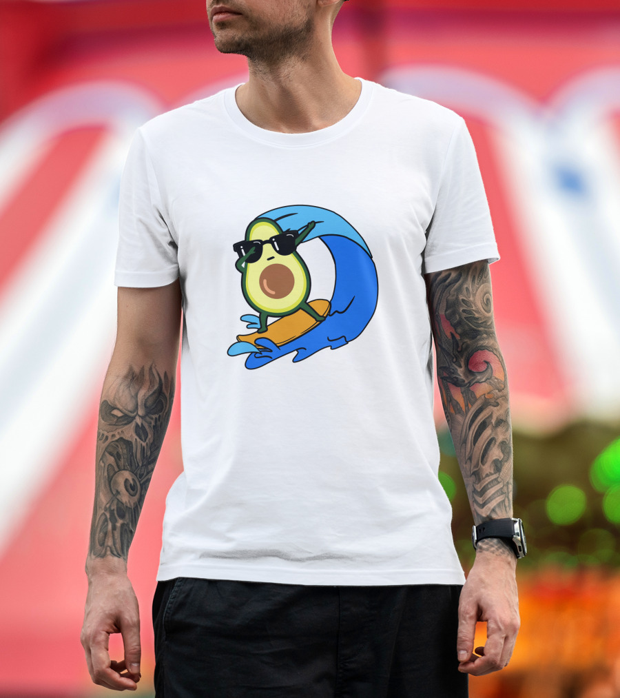 Avocado Wearing Sunglasses Riding Blue Ocean Wave T-Shirt