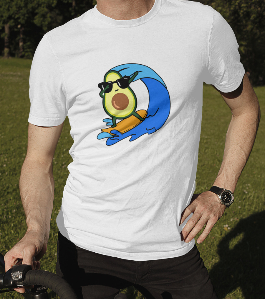 Avocado Wearing Sunglasses Riding Blue Ocean Wave T-Shirt