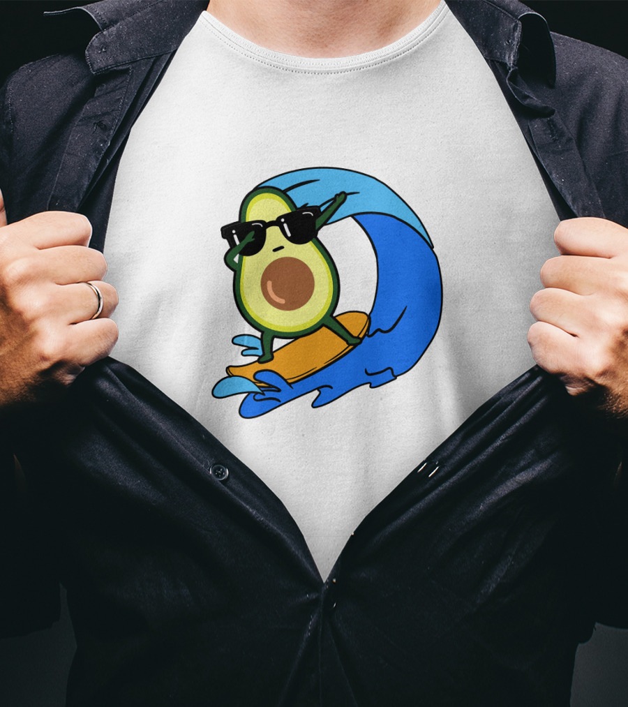 Avocado Wearing Sunglasses Riding Blue Ocean Wave T-Shirt