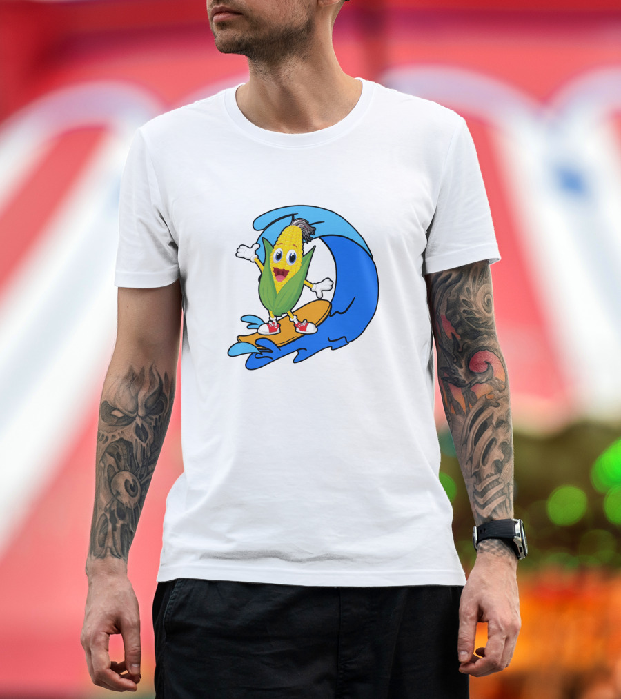 Corn on Surfboard Riding Blue Ocean Wave T-Shirt